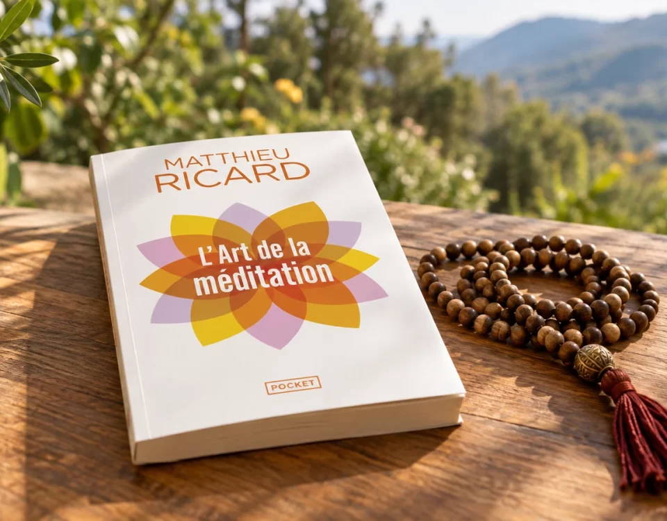 Le livre L'Art de la méditation, de Matthieu Ricard, posé sur une table en bois